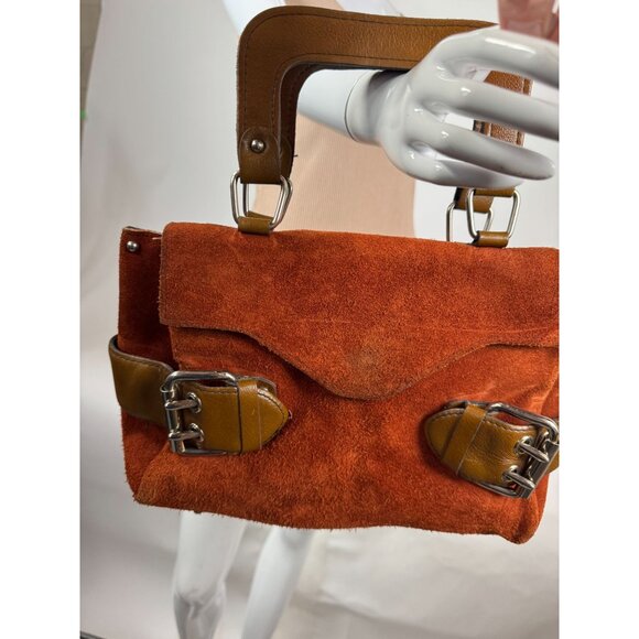 Vintage Rust Suede Handbag With Brown Leather Handles & Buckle Accents - Picture 11 of 16